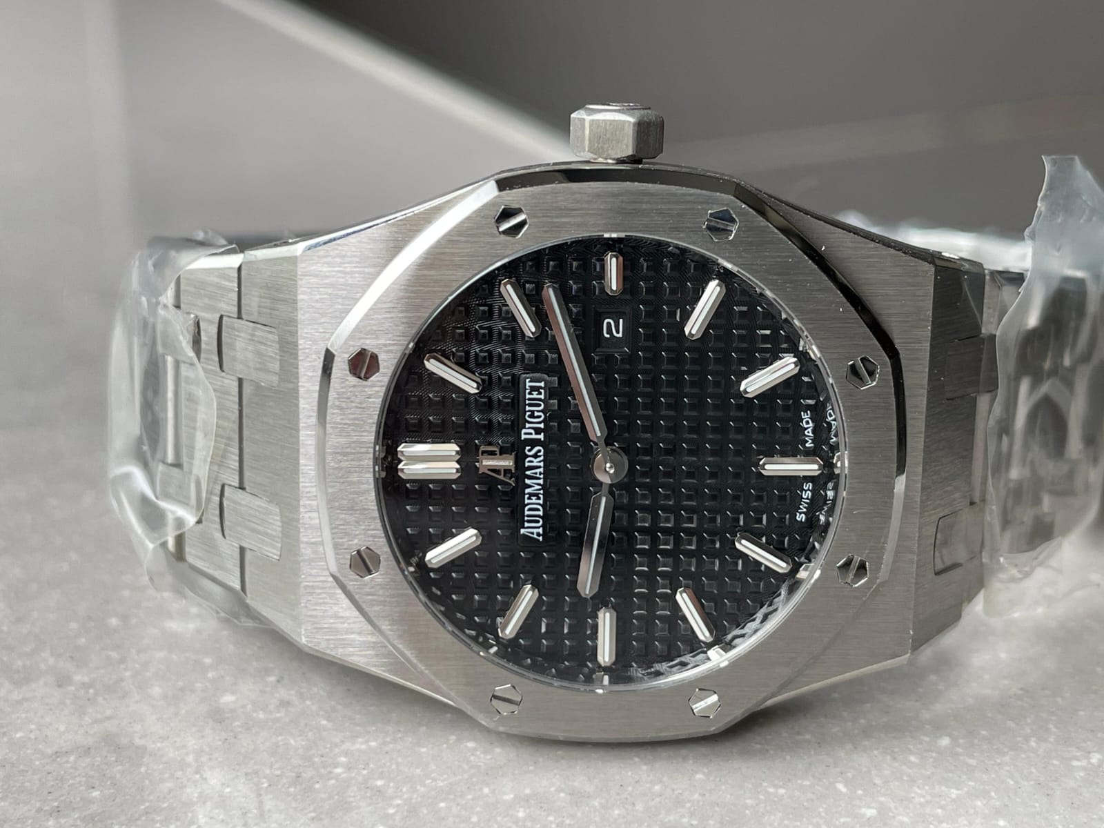 Luxury Octagonal Dial Stainless Steel Watch for Men – Black Textured Dial, Quartz Movement, Premium Designer Style Wristwatch