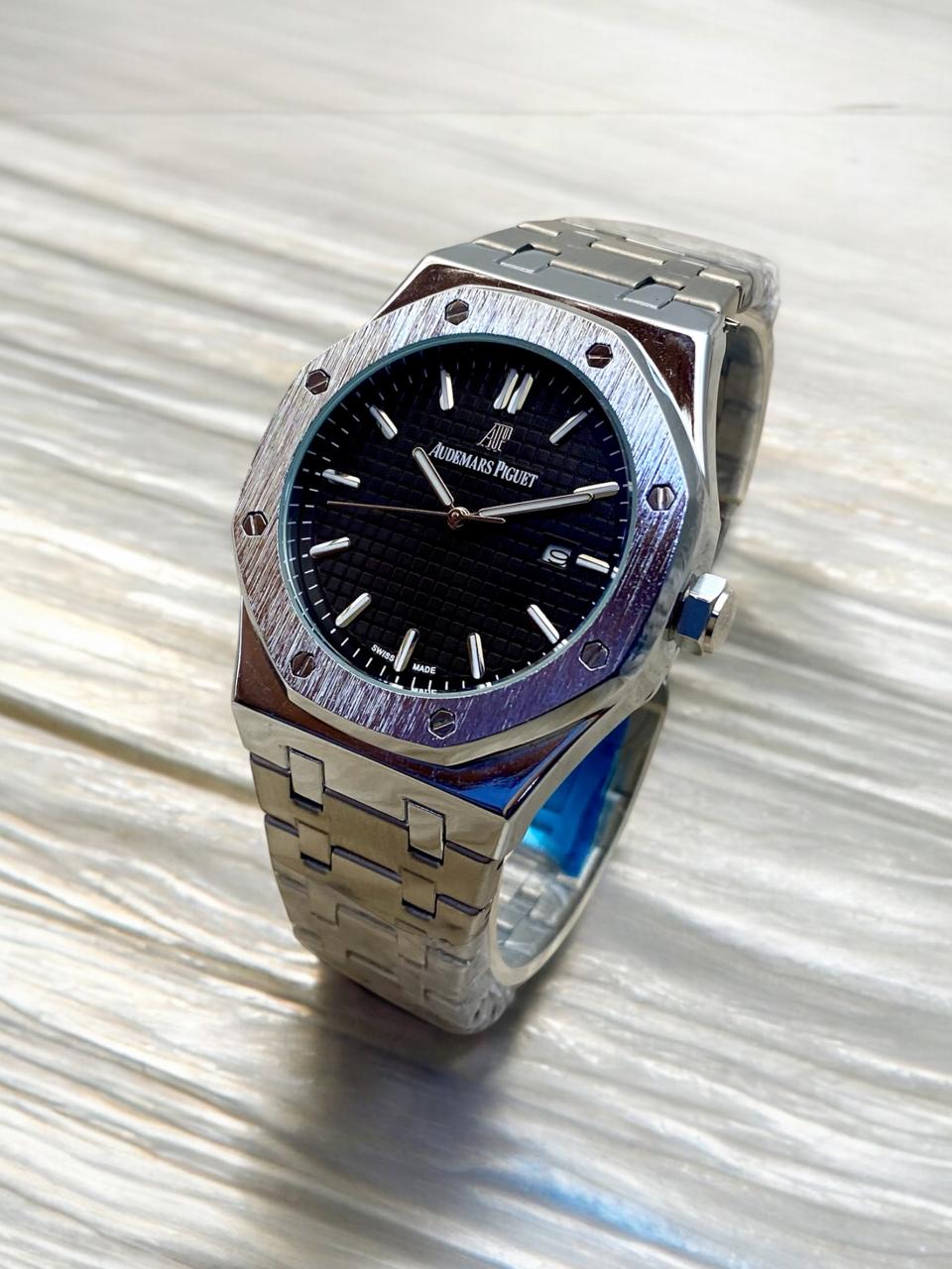 Luxury Octagonal Dial Stainless Steel Watch for Men – Black Textured Dial, Quartz Movement, Premium Designer Style Wristwatch