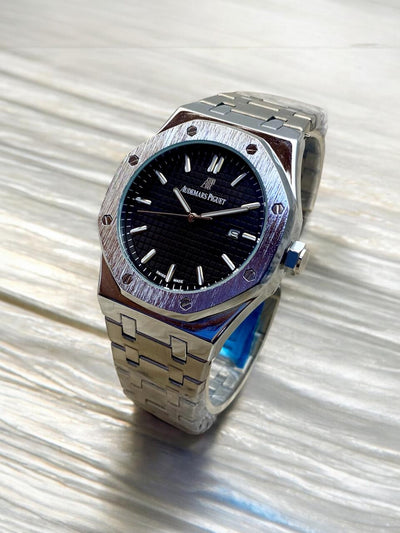 Luxury Octagonal Dial Stainless Steel Watch for Men – Black Textured Dial, Quartz Movement, Premium Designer Style Wristwatch